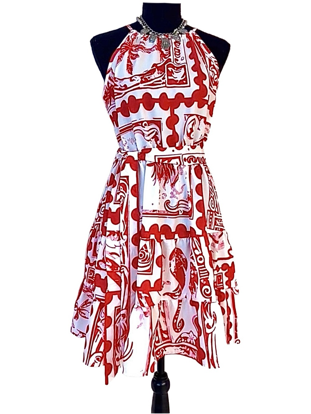 SHEIN ~ Fun/Feminine Red and White Sleeveless Dress w/Tiered Ruffled Hemline
